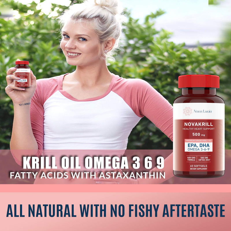 [Australia] - Natural Krill Oil Omega 3 6 9 Supplement, Burpless 60 Red Liquid Softgels, Rich in EPA, DHA, Astaxanthin, No Fishy Aftertaste, 1000mg per 2 Softgels 