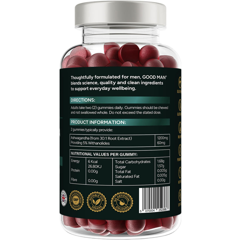 Good Man Ashwagandha Gummies 1200mg | 5% Withanolides Standardised Extract | Adaptogen Supplement for Stress & Resilience | Natural Raspberry Flavour | Vegan | 60 Gummies | UK Manufactured