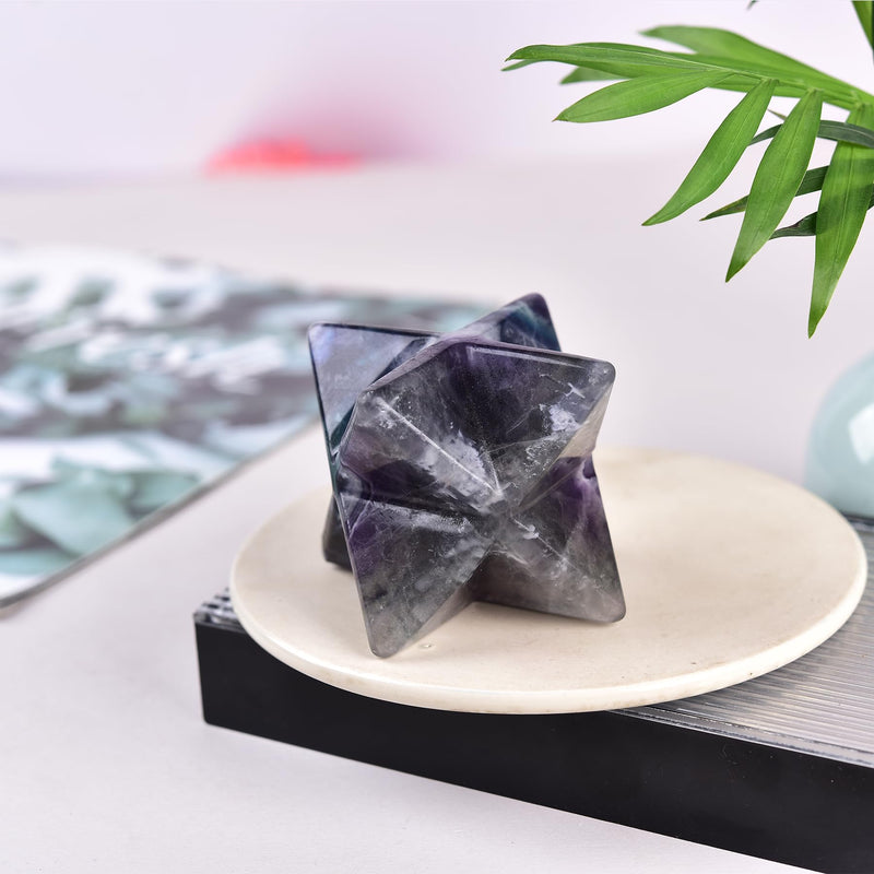 JIC Gem Colourful Fluorite Merkaba Crystal Natural Healing Crystal Stones Meditation Reiki 3D Star Dodecahedron Crystal Grid Home Decor Spiritual Gifts (8-9cm) 3.14-3.54 Inch