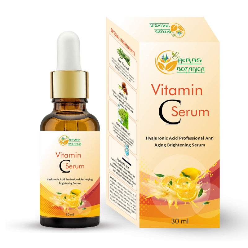 Herbs Botanica Vitamin C Serum For Face with Hyaluronic For Anti Aging Hydrating & Serum for Dark Spots, Fine Lines, Includes Vitamin E, Organic Aloe Vera and Jojoba Oil 1 fl oz Vitamin C Serum with Hyaluronic Acid
