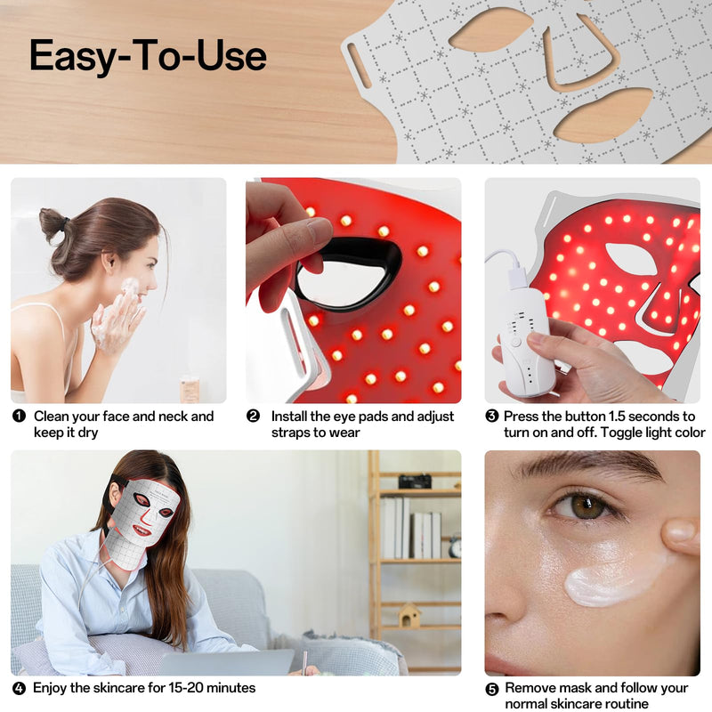 [Australia] - Red Light Mask for Face and Neck - Facial Skin Care Device, Portable, Lightweight, Rechargeable and Ergonomic Design for Home (White) White 