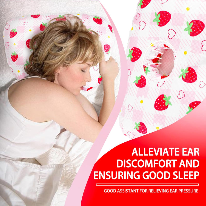 [Australia] - Ear Piercing Pillow for Side Sleepers – Pillow with Hole for Ear Pain Relief, Detachable/Cotton Curved Ear Pillow, for Ear Inflammation Pressure Sores - Strawberry 