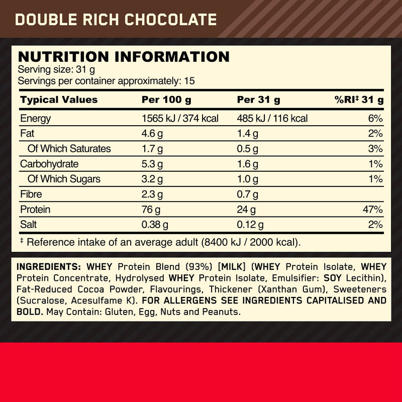 Optimum Nutrition 100% Gold Standard Whey Protein Powder, 24g Protein, Double Rich Chocolate, BCAA, low-sugar, Fast-Digesting Isolate for Muscle Gain & Recovery, 465 g, 15 Servings