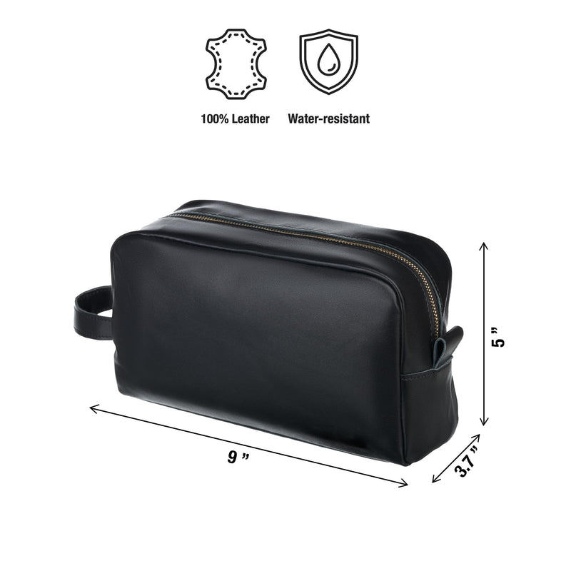 Awesometik Unisex Premium Travel Bag - Toiletries Organizer Case for Grooming, Jewelry - Travel Essentials Shaving Dopp Kit - Geniune Leather Water Resistant Cosmetic Bag For Men, Women (Black)