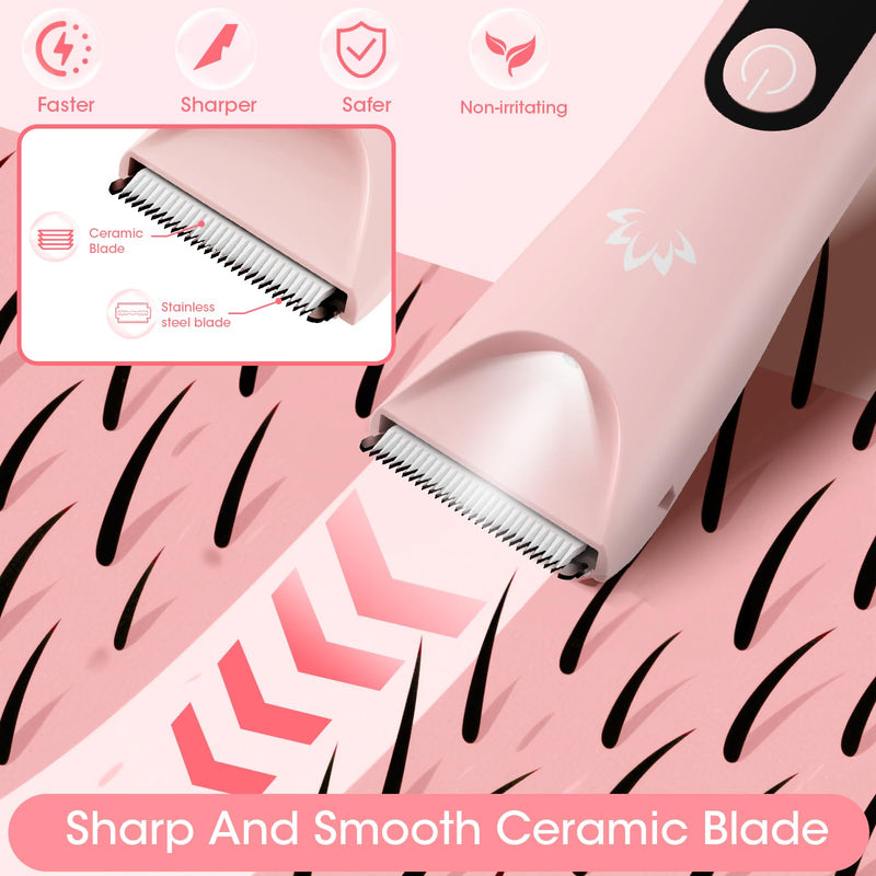 [Australia] - Bikini Trimmer for Women, Painless Pubic Hair Trimmer for Armpit Leg Arm Body Private Area,Rechargeable Womens Electric Razors Shaver LED Light Ceramic Blade IPX7 Waterproof Wet/Dry LCD Display,Pink Pink 