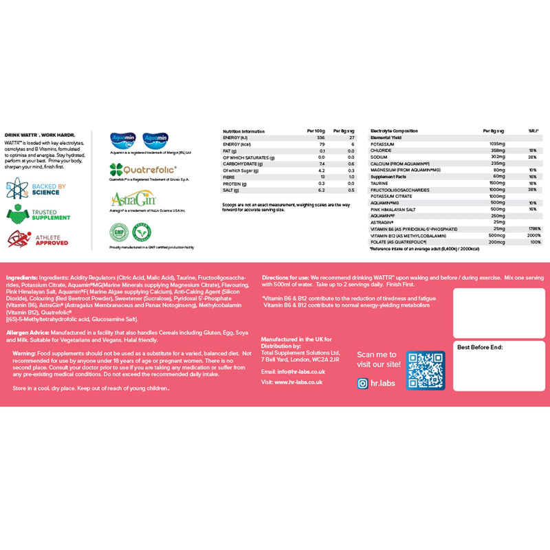 WATTR™ Electrolyte Loaded Hydration Powder with Energising B Vitamins. 40 Servings, 320g, 7 Great Tasting Flavours (320g, Pink Lemonade)