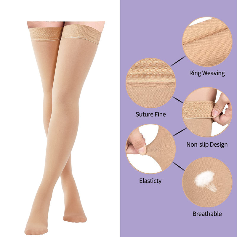 [Australia] - Thigh High Compression Stockings 20-30mmHg, Closed Toe Socks for Women & Men Beige Large 