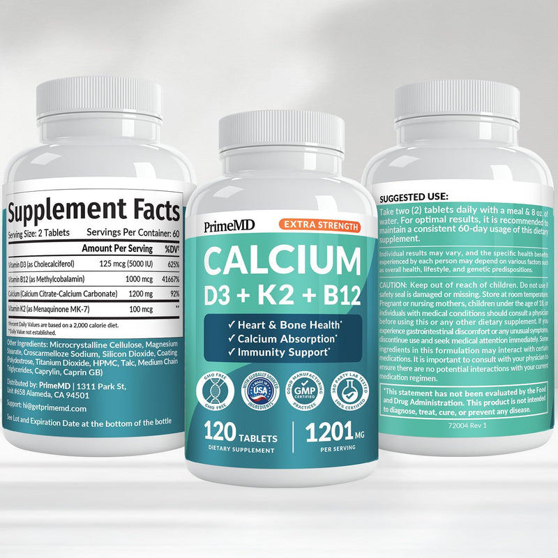 4-in-1 Calcium 1200 mg with Vitamin D3 K2 - Extra Strength Calcium Supplements for Women & Men with D3 K2 Vitamin 5000 IU - Everyday Vitality Supplement - Vegan-Friendly, Gluten-Free, Non-GMO (240ct) 120 Count (Pack of 2)