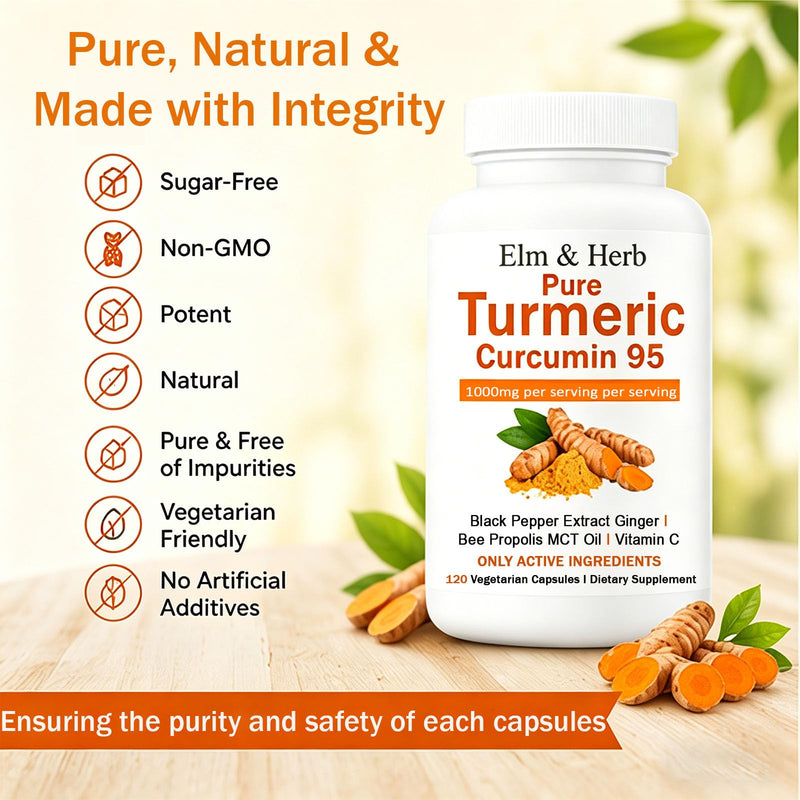 Elm & Herb Pure Turmeric Curcumin 95, Elm and Herb Turmeric Curcumin Supplement Capsules with Black Pepper Extract, Ginger, Bee Propolis, MCT Oil & Vitamin C (1) 1