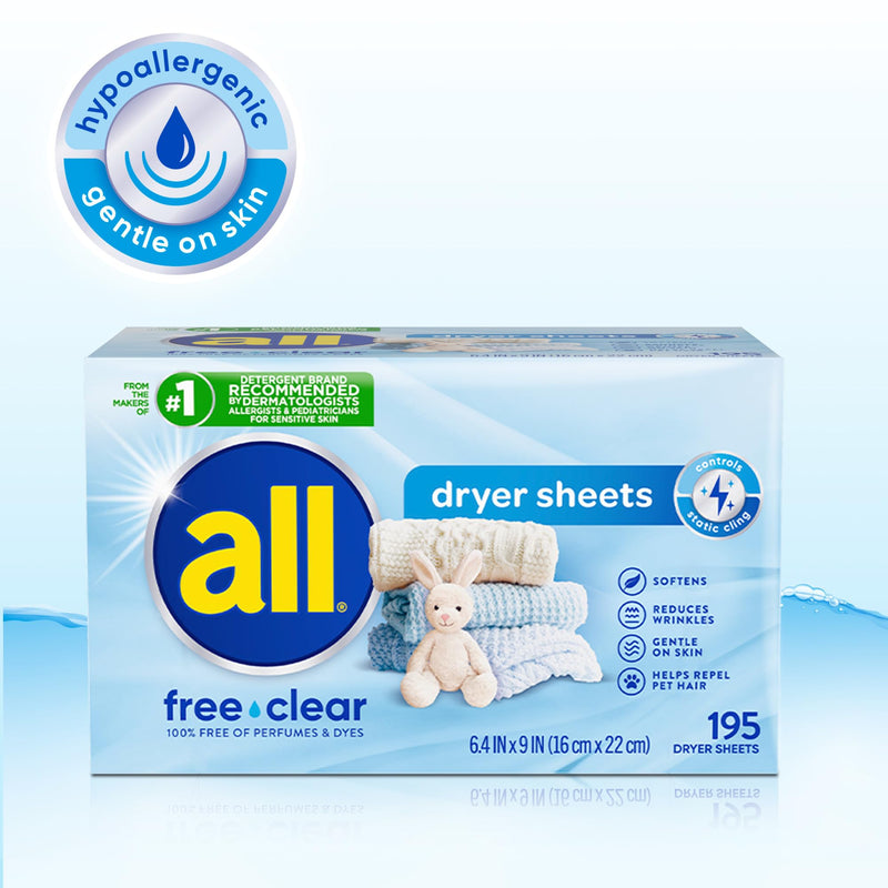 [Australia] - all Fabric Softener Dryer Sheets for Sensitive Skin, Free Clear, 195 Count 