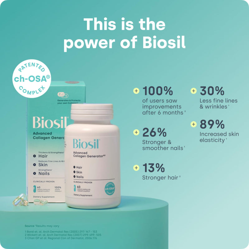 Biosil Collagen Booster Supplement - 120 Vegan Capsules - Patented ch-OSA Activator for Skin, Hair, Nails & Joints - Supports Natural Production - 60-Day Supply 120 Liquid Capsules (Pack of 1)