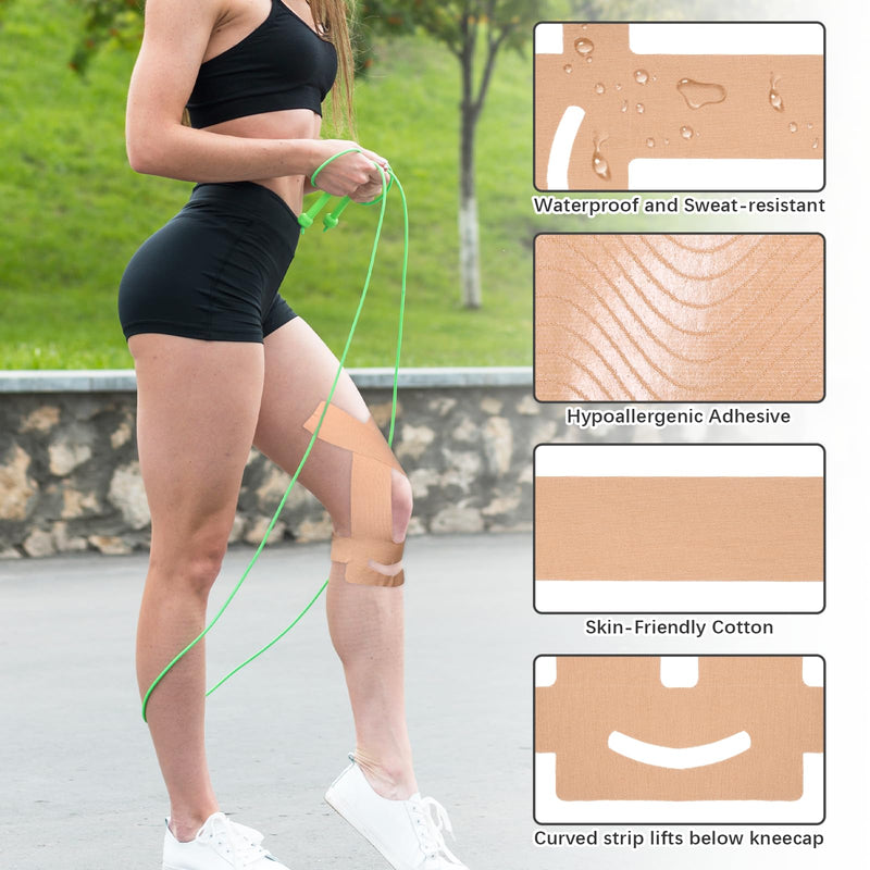 20PCS Kinesiology Tape for Knees, Precut Strips Knee Tape for Knee Stability & Support Waterproof Sports Tapes for Pain Relief Elastic Cotton Athletic Tapes Hypoallergenic Latex-Free, Beige