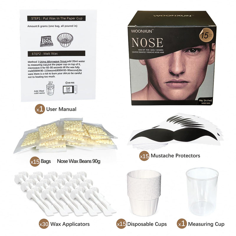 [Australia] - Nose Wax Kit, 90 g Wax, 6 g each individual bag total 15 bags of nose wax, 15 Paper Cups, 30 Applicators, 15 Uses, Nose Hair Removal for Men and Women, Fast, Safe, Easy, Painless Hair Remover 90g 