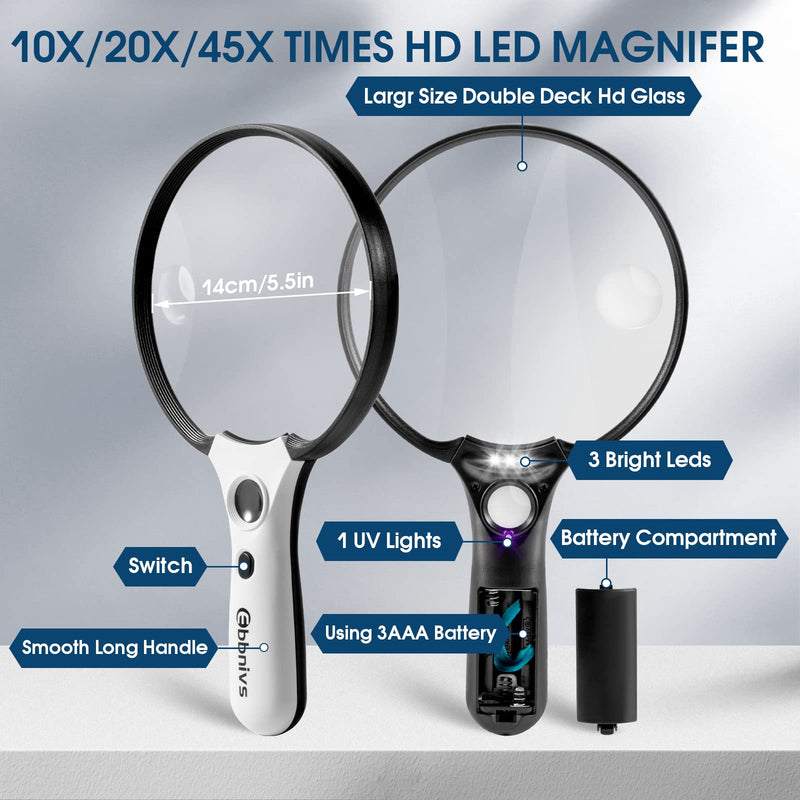 [Australia] - Large Magnifying Glass with Light, Magnifier 10X 20X 45X Handheld Illuminated Lighted Magnifier with 3 LED Lights 1UV Light Storage Bag Clean Cloth for Seniors Reading Inspection (Black) Black 