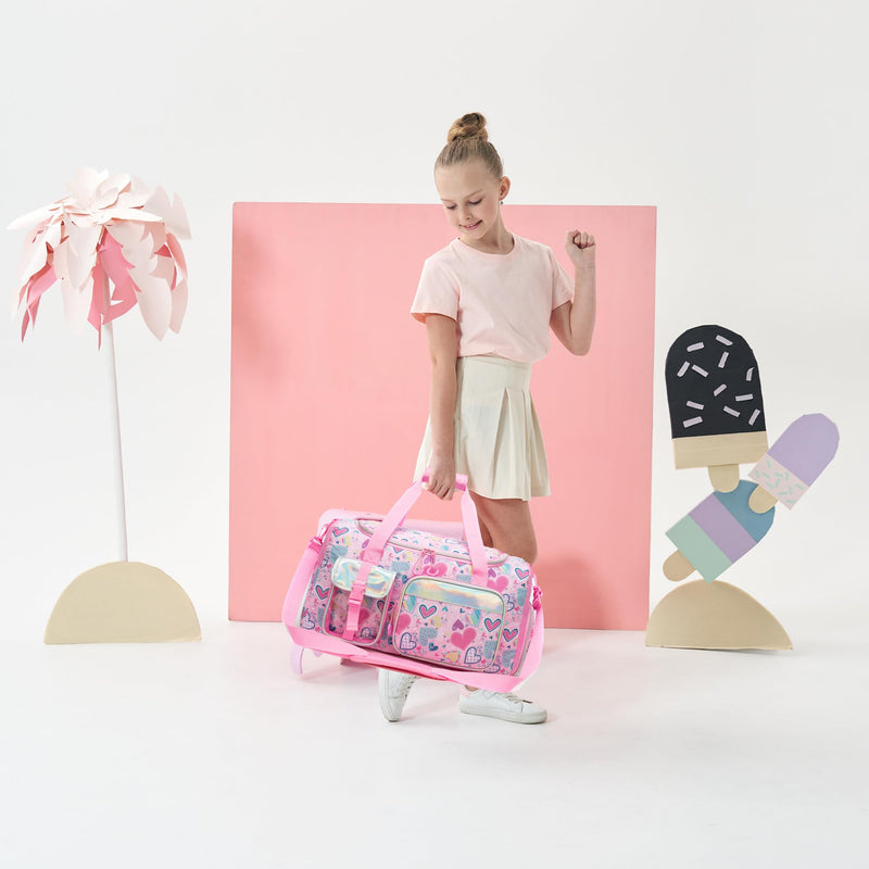 Duffle Bag for Kids Travel Bag for Girls Dance Bags for Kids Overnight Bags for Teen Girls with Shoe Compartment S-Love Pink Flower