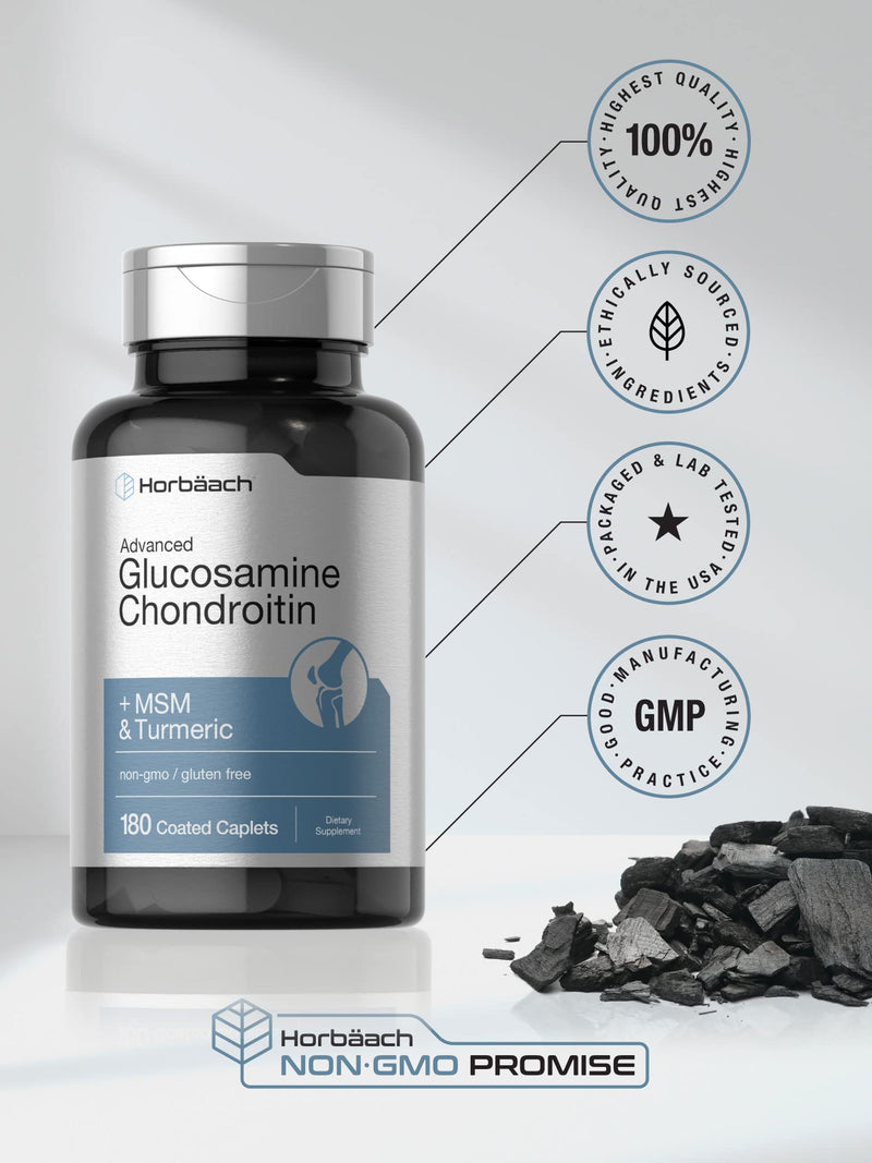 Horbäach Glucosamine Chondroitin | Plus MSM & Turmeric | 180 Coated Caplets | Non-GMO, Gluten Free Supplement 180 Count (Pack of 1)