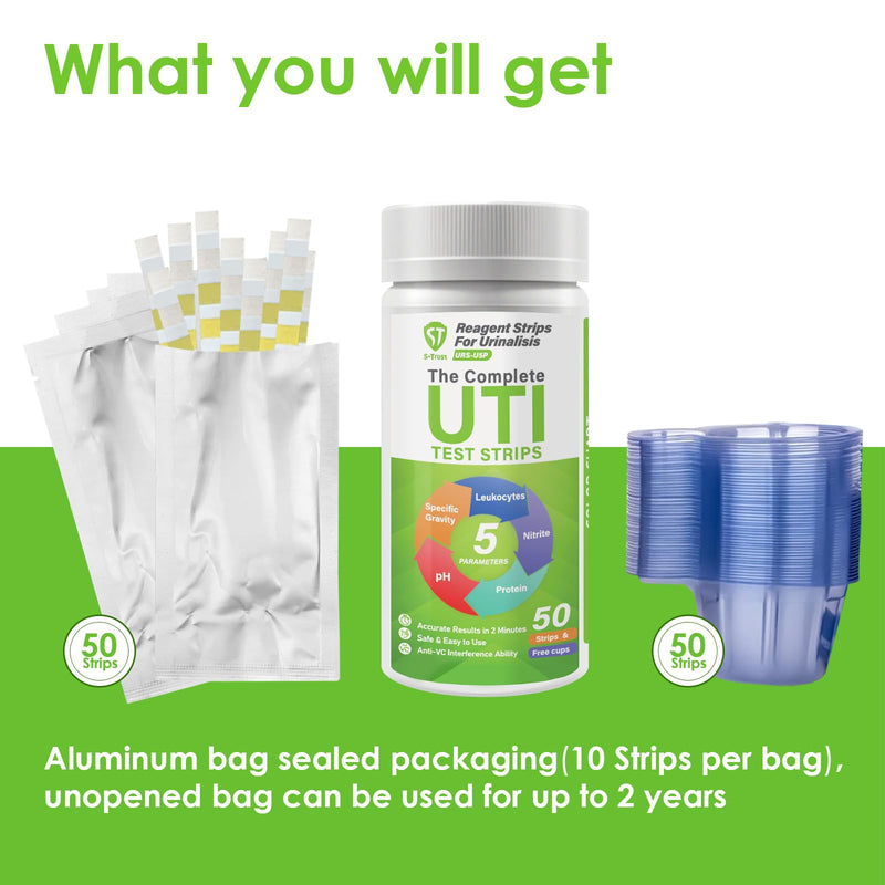 [Australia] - [50 Pack] 5-in-1 UTI Test Strips for Women, Men & Kids: Urinary Tract Infection Test Strips for Leukocytes,Nitrites,Protein, pH&Specific Gravity Home Use-50 Urine Cups Included 