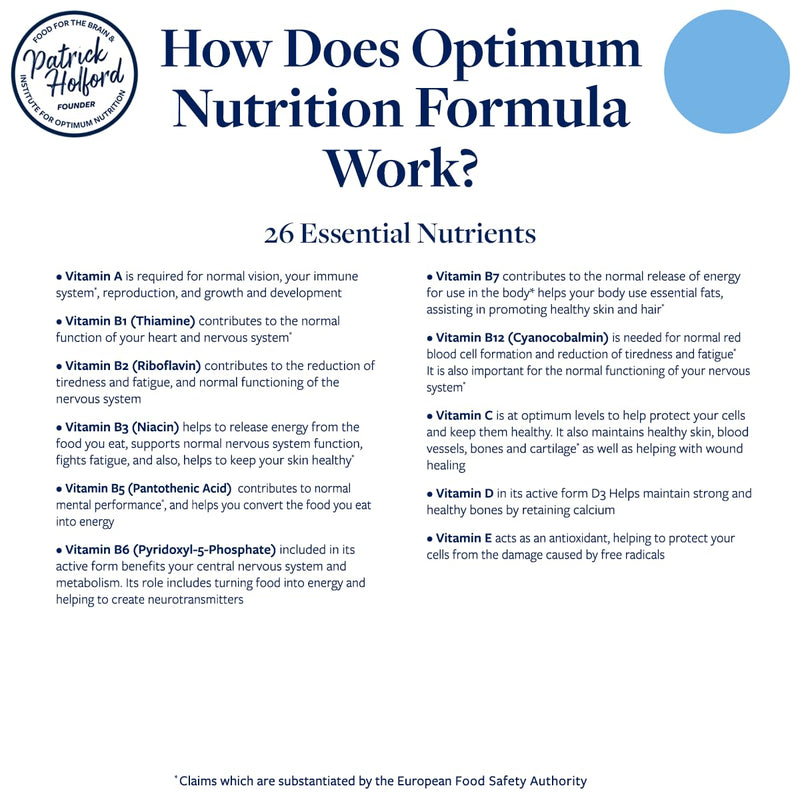 Patrick HOLFORD Optimum Nutrition Formula/The Ultimate, Multi-Vitamin & Mineral Supplement/for Daily & Long-Term Health / 24 Nutrients/Naturally Sourced / 60 Tablets/Vegan/for Women & Men