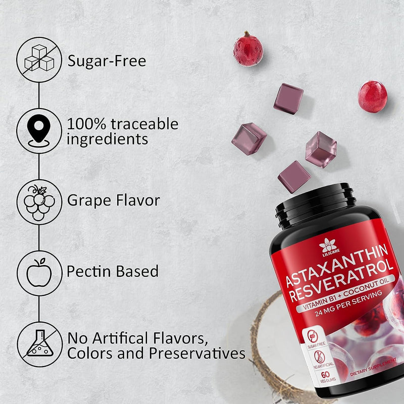 [Australia] - Sugar-Free Astaxanthin 24mg Gummies with Resveratrol, Vitamin B1, Coconut Oil - Powerful Antioxidants Supplement for Men & Women Healthy Aging, Skin, Eyes, Joints, Immune - Vegan, Non-GMO 120 Servings 60 Count (Pack of 2) 