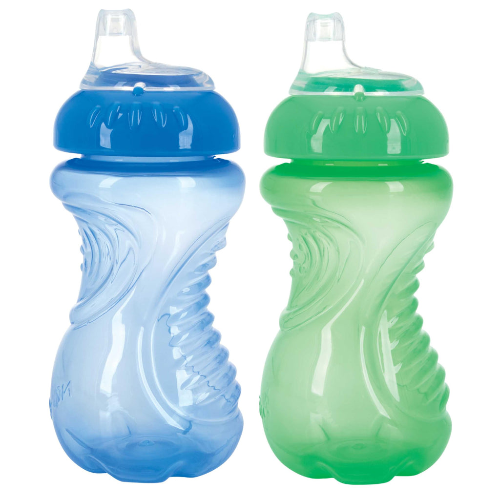 Nuby 2-Pack No Spill Easy Grip Trainer Cup 10 oz, Blue and Green 2 Count (Pack of 1) Blue/Green