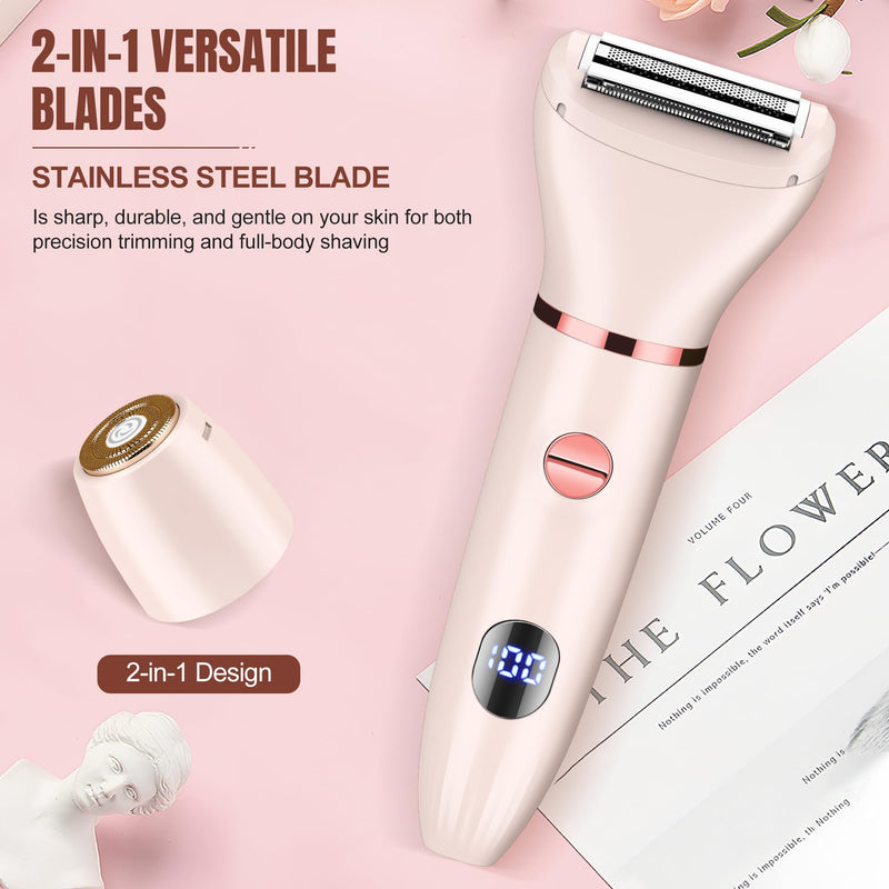 [Australia] - Karrte 2-in-1 Women Electric Shaver Dual Head Bikini Trimmer, Razors for Shaving Pubic Hair, Wet and Dry Cordless Painless Hair Removal for Private Area Pink 