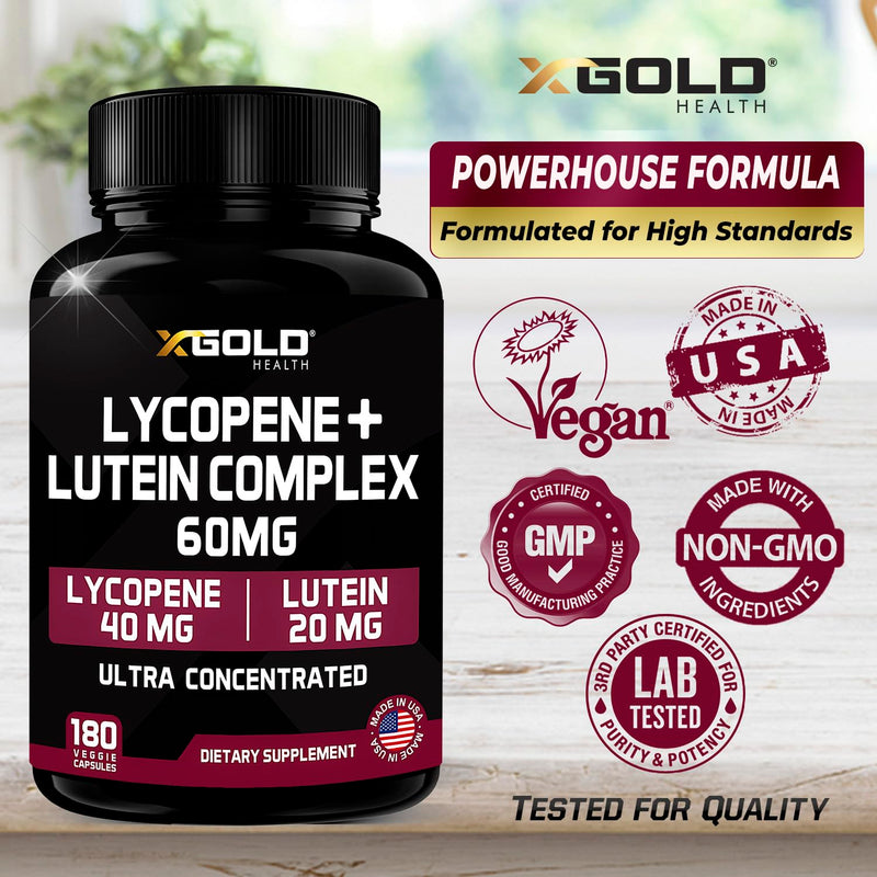 [Australia] - Lycopene + Lutein Supplement 60mg | Lycopene 40mg from Tomato & Lutein 20mg from Marigold Extract - 2-in-1 Ultra-Concentrated Health Supplements | Non-GMO & Gluten Free - 180 Veggie Caps Made in USA 