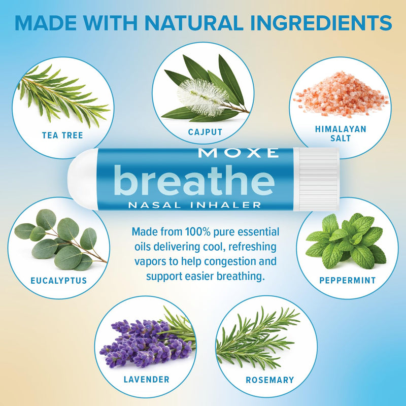 MOXE Breathe | Himalayan Salt Inhaler | Help Clear Congestion, Boost Focus and Improve Breathing | Natural Aromatherapy | Peppermint, Lavender and Tee Tree Essential Oil (6 Pack) 6 Pack