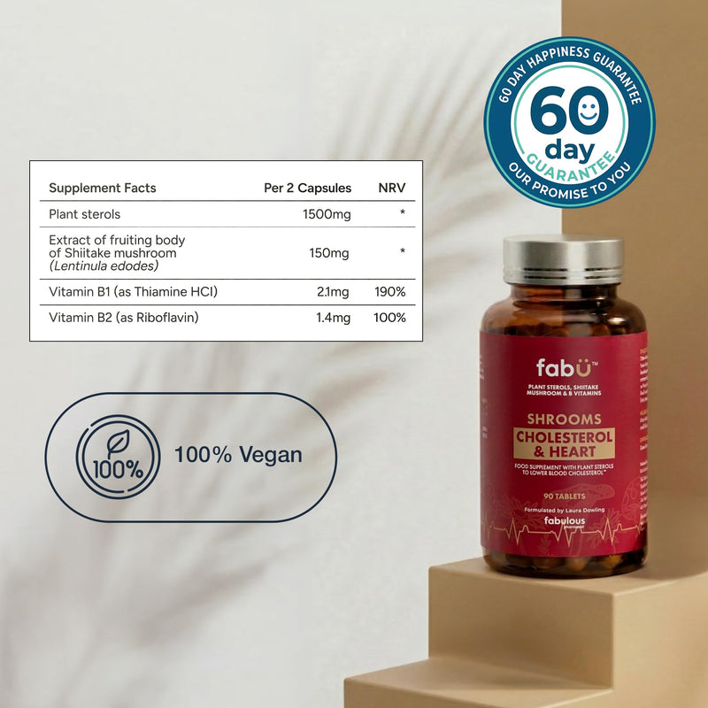 fabÜ Shrooms Cholesterol & Heart - Plant Sterols 1500mg per Serving, Blended with Edible Shiitake Mushroom & B Vitamins - Cholesterol Lowering Supplements, Vegan - 90 Tablets