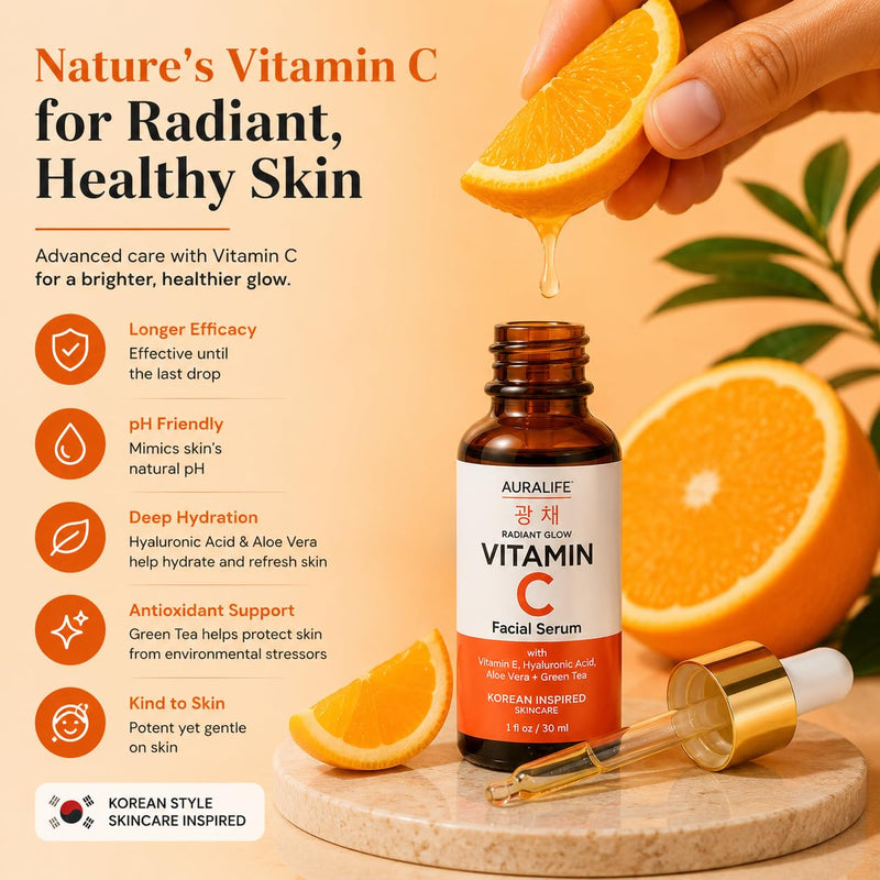 AuraLife Vitamin C Face Serum with Hyaluronic Acid, Vitamin E & Aloe Vera – Brightening & Hydrating Facial Serum for Dark Spots, Fine Lines, Wrinkles & Uneven Skin Tone – 1 Fl Oz (Facial Serum)