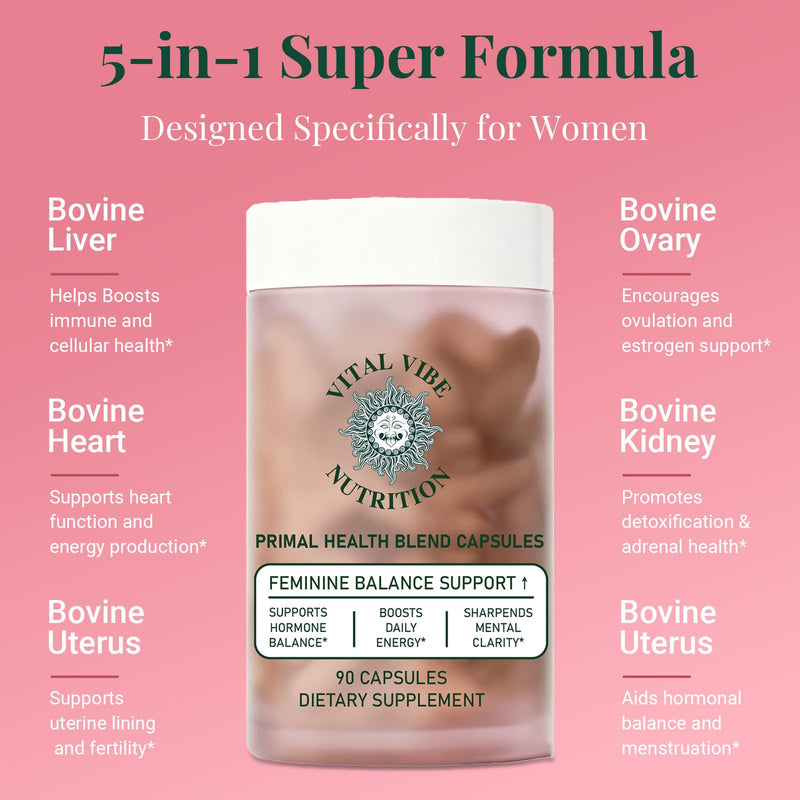 Grass-Fed Beef Organ Supplement for Women – Hormone Balance & Daily Energy Support – Primal Health Blend with Liver, Kidney & Ovarian Extract – 90 Capsules