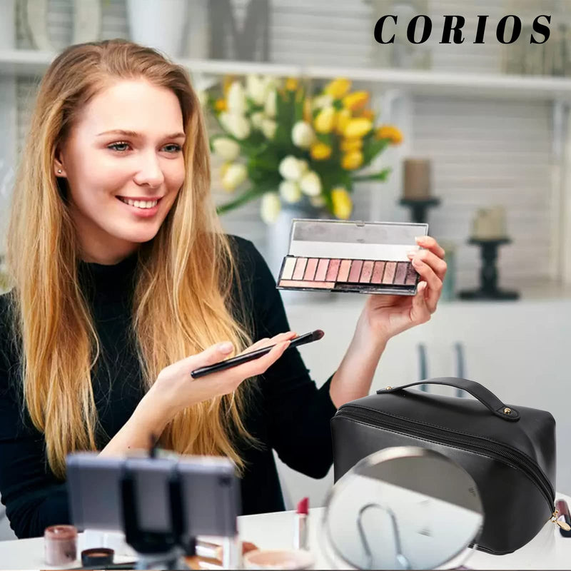 Large Capacity Travel Cosmetic Bag Make Up Bag with Handle and Zipper Multifunction Waterproof Toiletry Bag PU Travel Organiser Bag Wash Bag for Women Ladies Girls Black L