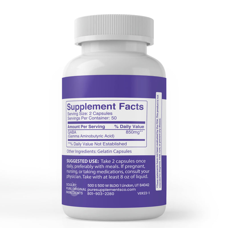 Pure Original Ingredients GABA, (100 Capsules) Always Pure, No Additives or Fillers, Lab Verified 100 Count (Pack of 1)