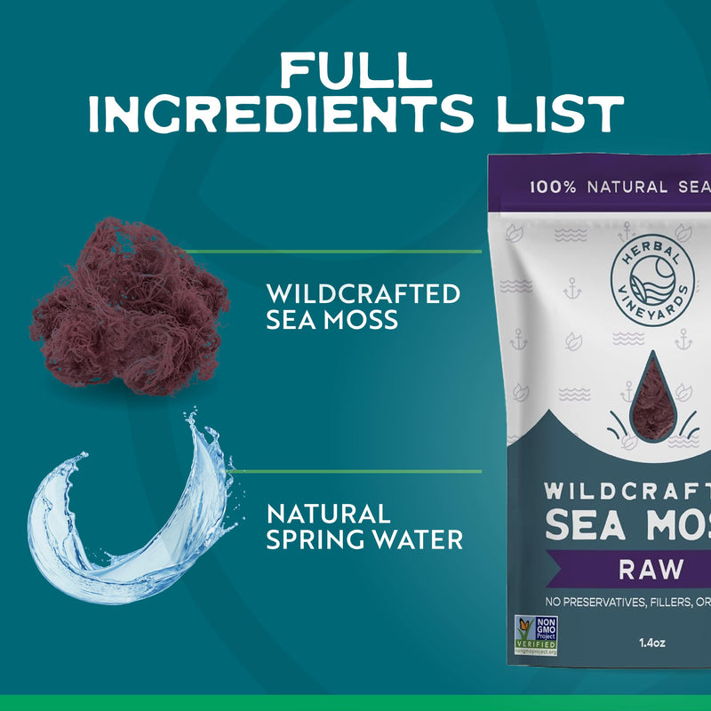 Herbal Vineyards Organic Wildcrafted Raw Purple Irish Sea Moss, 1.4oz | Wildcrafted, non-GMO, single-ingredient purple sea moss; small-batch freshness; simply rinse, soak & blend for gel or tea 1.4 Ounce (Pack of 1)