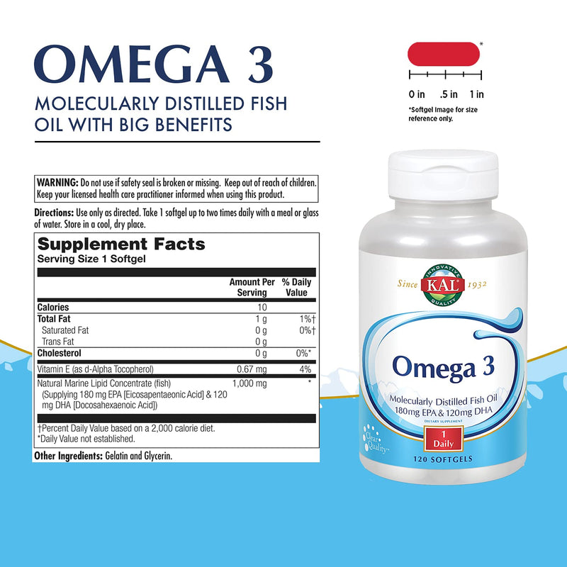 KAL 450/300 Molecularly Distilled Fish Oil Softgels - 1280 mg of Omega 3, Natural Omega 3 Supplement for Men & Women, Non GMO, Lemon Flavored - 120 Count | 1280 mg of Omega 3, Natural Omega 3 Supplement for Men & Women, Non GMO, Lemon Flavored