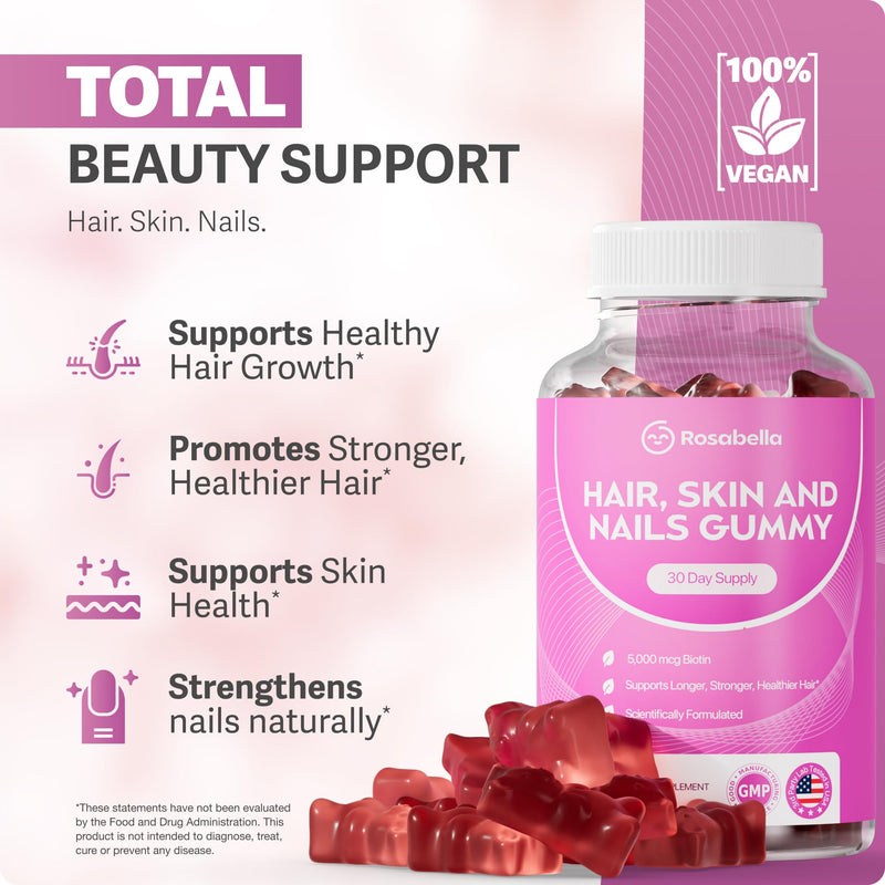 Rosabella Hair Growth Gummies for Women & Men – Vegan Hair Gummies with 5000mcg Biotin – Hair Vitamins for Strong, Healthy-Looking Hair – Gummy Biotin Supplement – 60 Count 60 Count (Pack of 1)