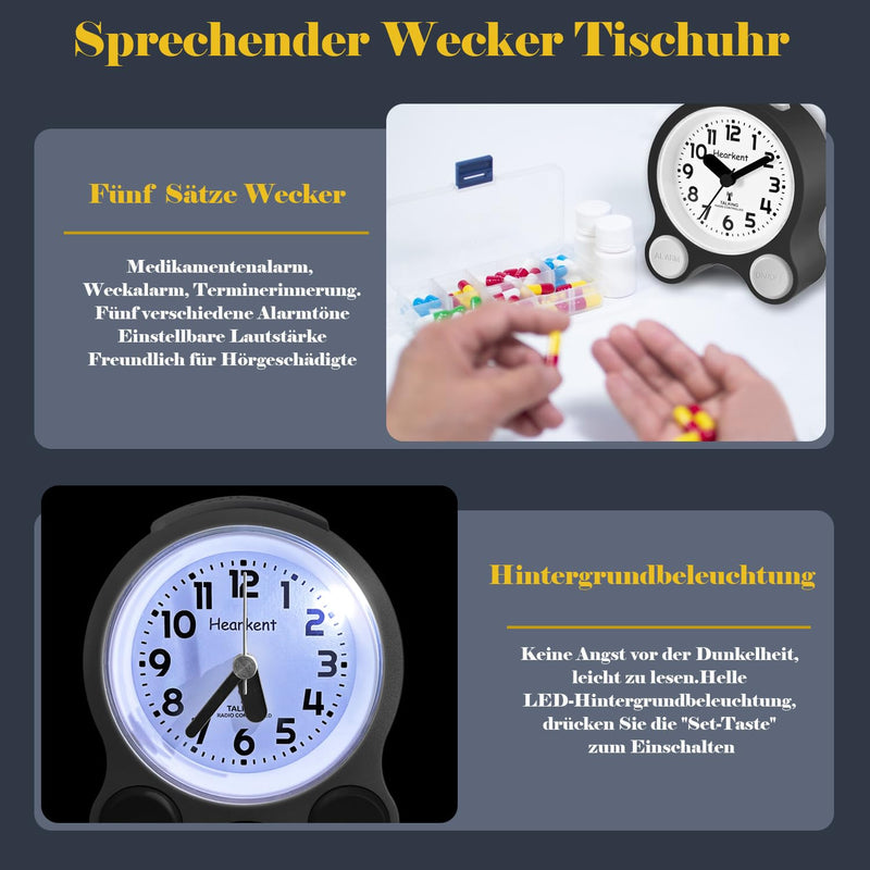 [Australia] - Hearkent Talking Alarm Clocks with German Pleasant Voice, Backlight and 5 Separate Alarm Sets for Blind, Visually Impaired and Elderly People (Black) Black 