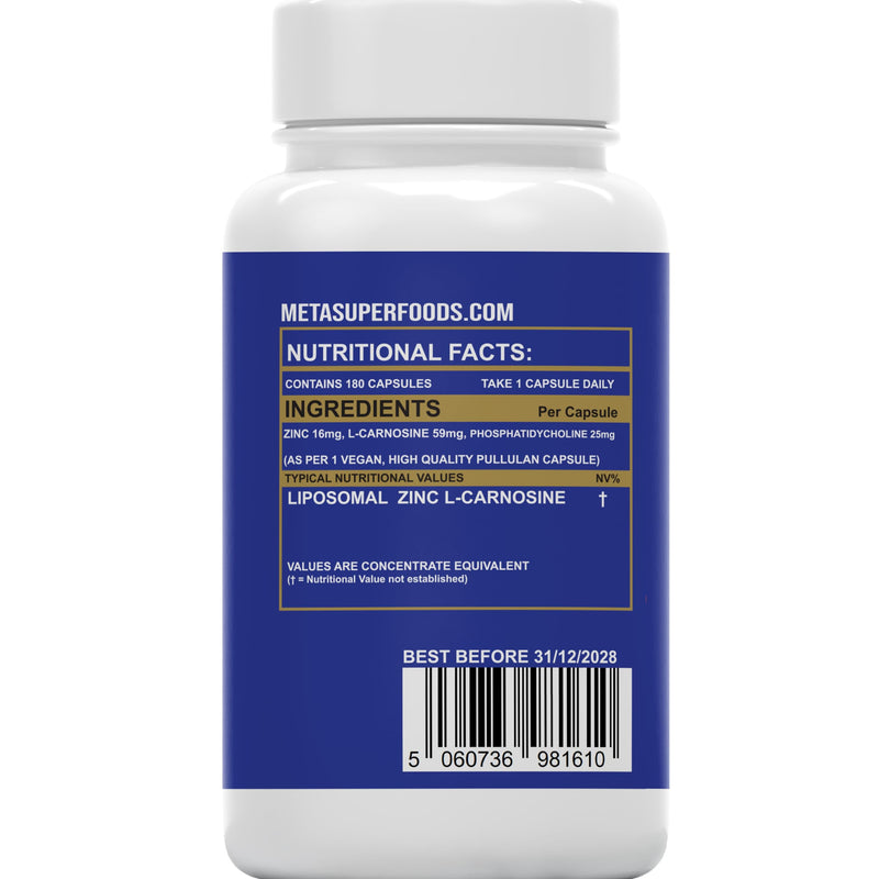 Zinc L-Carnosine Supplement | 180 Easy to Swallow Capsules | 1-A-Day, 6 Months Supply | Advanced Liposomal Zinc & Amino Acid L Carnosine for Max Absorption | No Fillers | Non-GMO | Vegan | UK Company