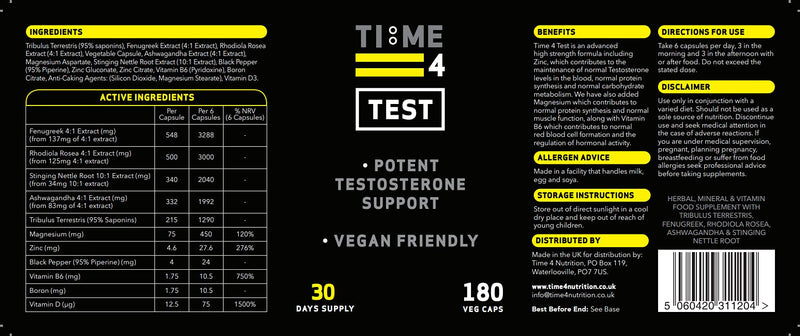 Time 4 Test – Testosterone Booster for Men, High Strength Testosterone Support, Vegan Testosterone Boosters Supplements, Build Lean Muscle, Burn Fat, Libido Booster – 180 Capsules, 30 Days Supply