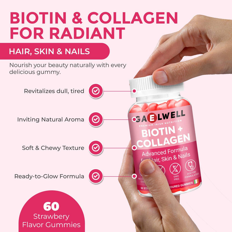 Biotin + Collagen Gummies - High Strength 5000mcg Biotin, Marine Collagen, Vitamin C, Zinc - Hair Growth, Skin & Nail Support - Gluten-Free, Vegan-Friendly, Non-GMO, 60 Strawberry Gummies Gaelwell®