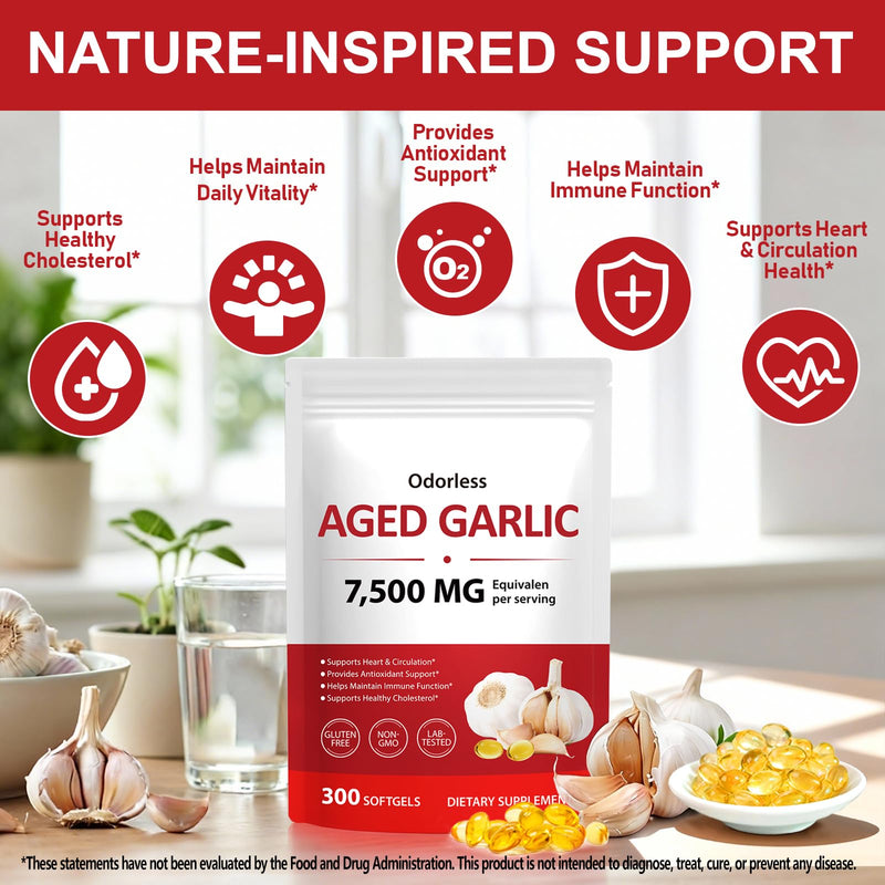 Aged Garlic Extract Capsules 7,500mg Equivalent 300 Softgels, Odourless Aged Garlic 15:1 Concentrate, Garlic Capsules for Daily Support, Non-GMO