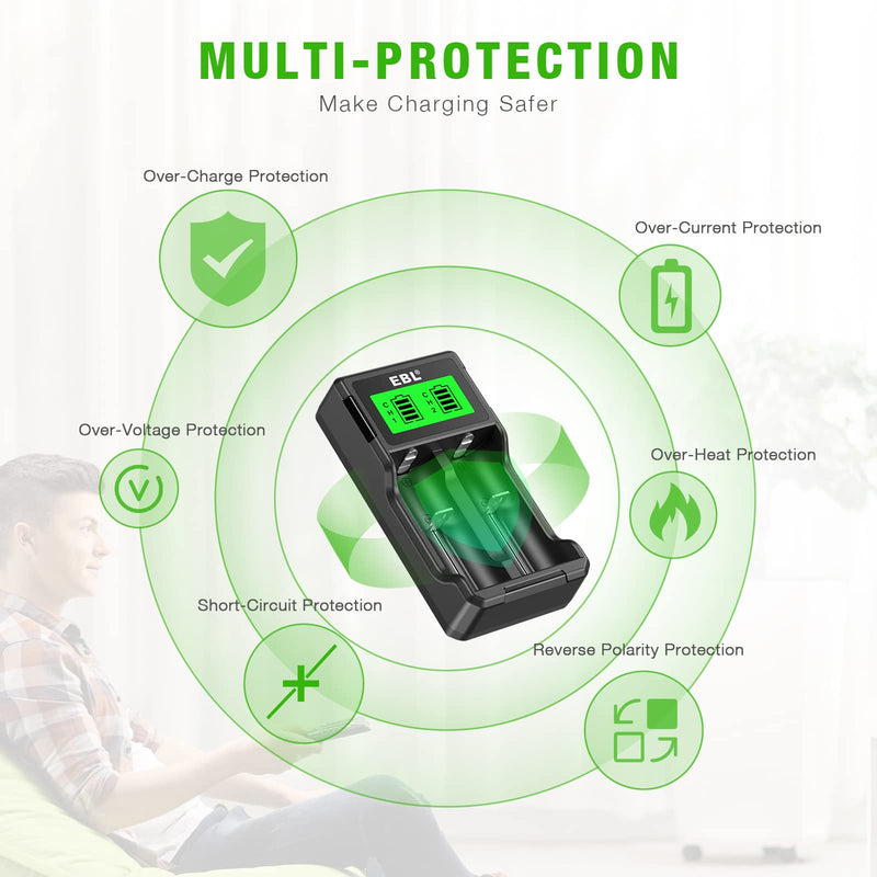 EBL Universal 18650 Battery Charger for 3.7V lithium ion Rechargeable Batteries 26650 22650 18650 18490 18350 17670 17500 16340 (RCR123) 14500 and 1.2V Ni-MH Ni-CD Rechargeable C AA AAA Batteries