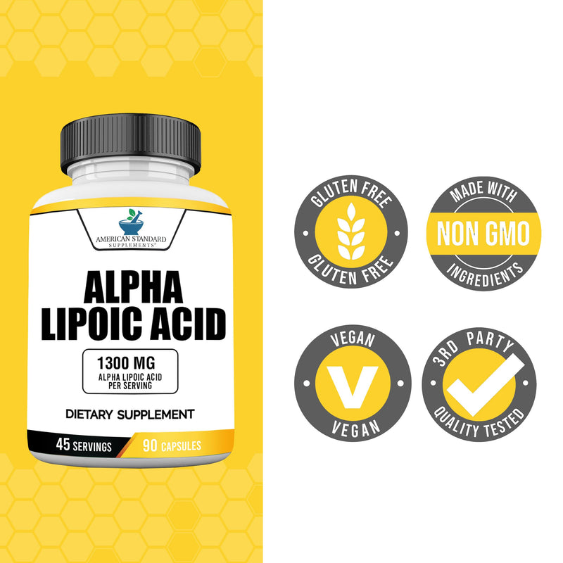 American Standard Supplements Alpha Lipoic Acid 1300mg Per Serving - Vegan, Gluten Free, Non-GMO, 90 Capsules, 45 Servings 90 Count (Pack of 1)