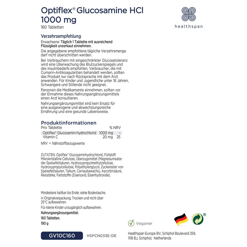 [Australia] - Healthspan Optiflex Glucosamine 1,000 mg | Support for healthy joints and improved mobility | Highly effective formula with vitamin C to promote joint health | Vegan | 160 tablets 