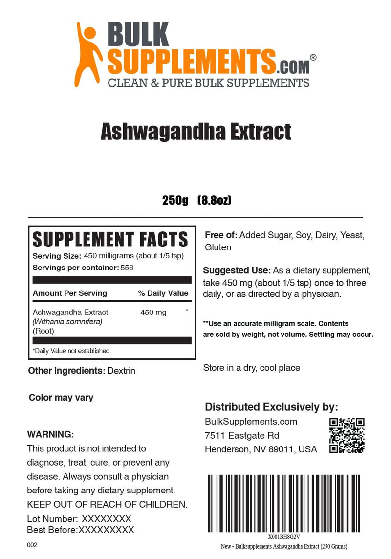 BulkSupplements.com Ashwagandha Root Extract Powder - Ashwagandha Supplement, Ashwagandha Powder - from Ashwagandha Root - Vegan & Gluten Free, 600mg per Serving, 250g (8.8 oz) (Pack of 1) 8.82 Ounce (Pack of 1)