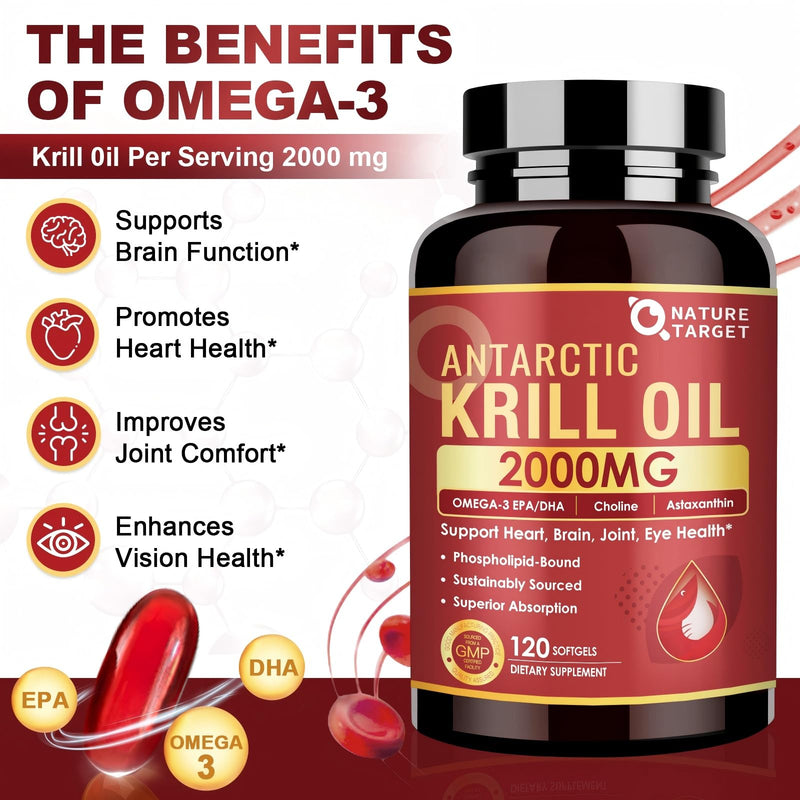 [Australia] - NATURE TARGET Krill Oil 2000 mg with Omega-3 EPA & DHA with Astaxanthin Supplement, Choline - Supports Heart, Brain, Join, Eye Health, Non-GMO, Gluten Free, 120 Softgels (60 Servings) 120 Count (Pack of 1) 
