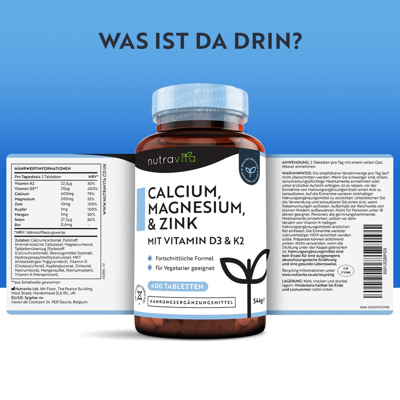 [Australia] - Calcium Magnesium Zinc - 400 high-dose vegetarian tablets (6 months) - Magnesium oxide with vitamin D3, K2, selenium, manganese - Complex with 600 mg calcium per daily dose - Bones + Muscles - Nutravita 