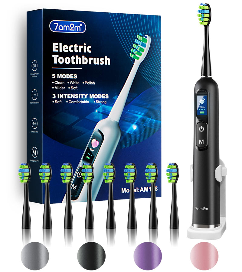 7AM2M Electric Toothbrush for Adults & Teens with LED Screen, 3 Intensity Levels & 5 Modes, One Charge for 90 Days, Fast Charge & Holder, 2 Mins Built in Smart Timer, with 8 Brush Heads (Black) Black