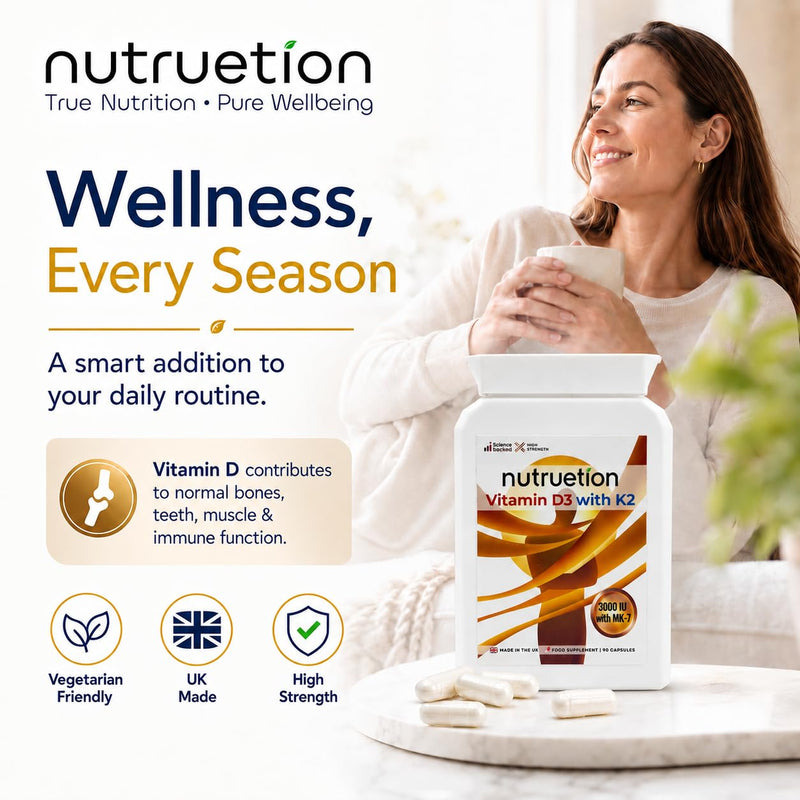 Vitamin D3 3000IU & K2 MK-7 100µg Capsules | High Strength D3 K2 Supplement for Bones, Immune & Muscle Support | 90 Vegetarian Capsules, UK Made, Non-GMO & Gluten Free