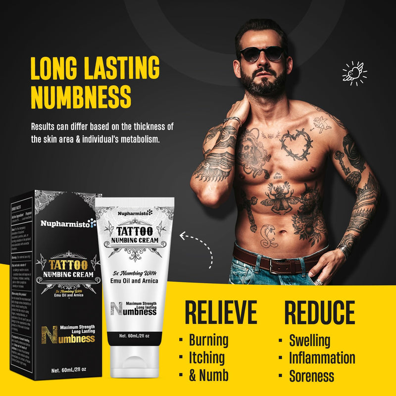 [Australia] - 6 Hours Maximum Strength Numbing Cream Tattoo (2oz/ 60ml), Painless Tattoo Numbing Cream, Numbing Cream for Tattoos Extra Strength with 5x Numbing, Emu Oil and Arnica. 2oz/ 60ml 