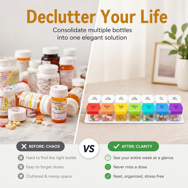 Extra Large Weekly Pill Organizer 2 Times a Day, XXL Pill Box 7 Day AM PM for Big Vitamins & Supplements, Large Capacity Medication Dispenser with 7 Detachable Compartments